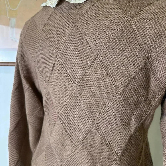 Vintage Baby Alpaca Knit Sweater Textured Diamond Pattern Beige Pullover Size S - Picture 5 of 6